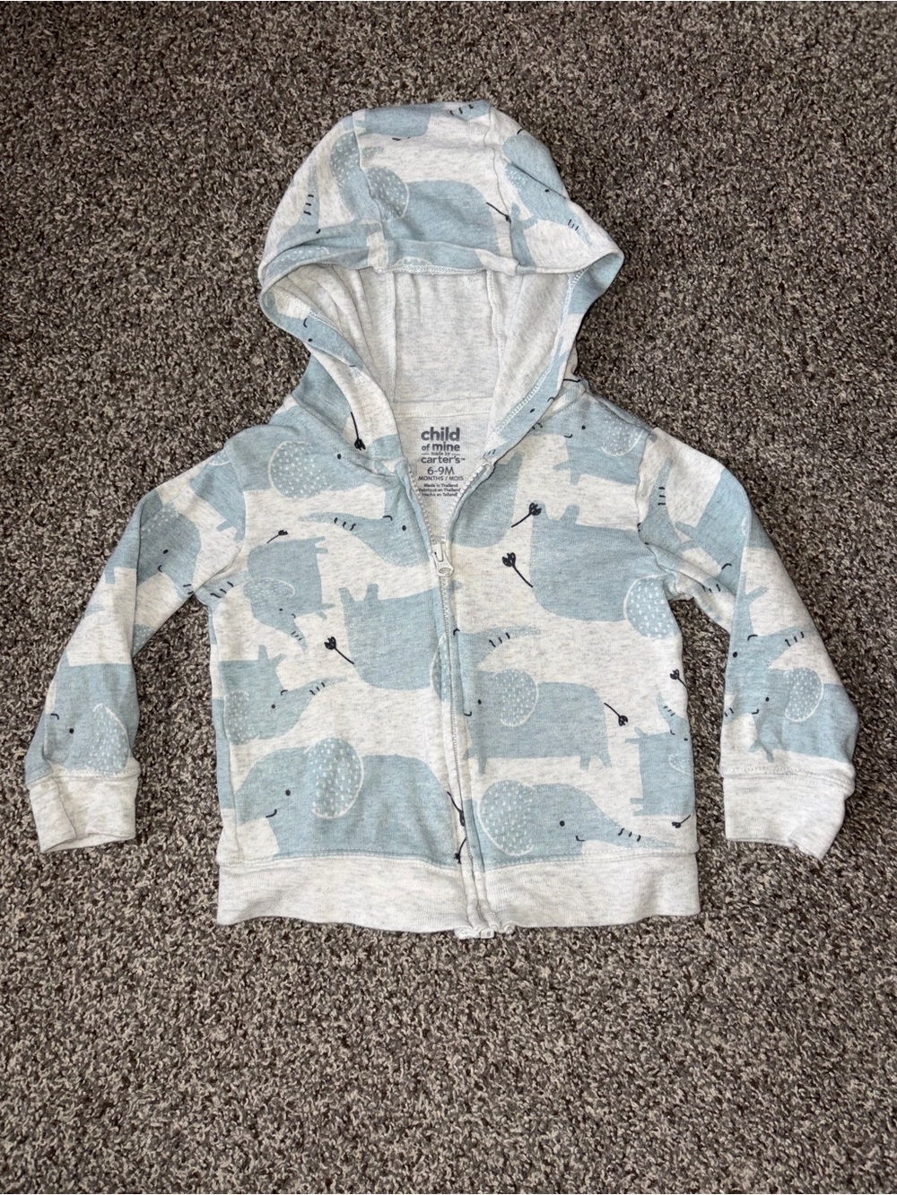 Carter's 6-9 Months Blue & Heather Gray Elephant Zip Hoodie Baby Sweatshirt
